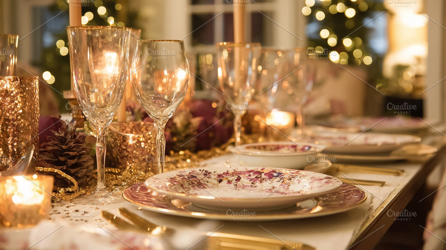 Elegant table setting for a festive dinner, showing golden accen, a Photo by Studio ANNA