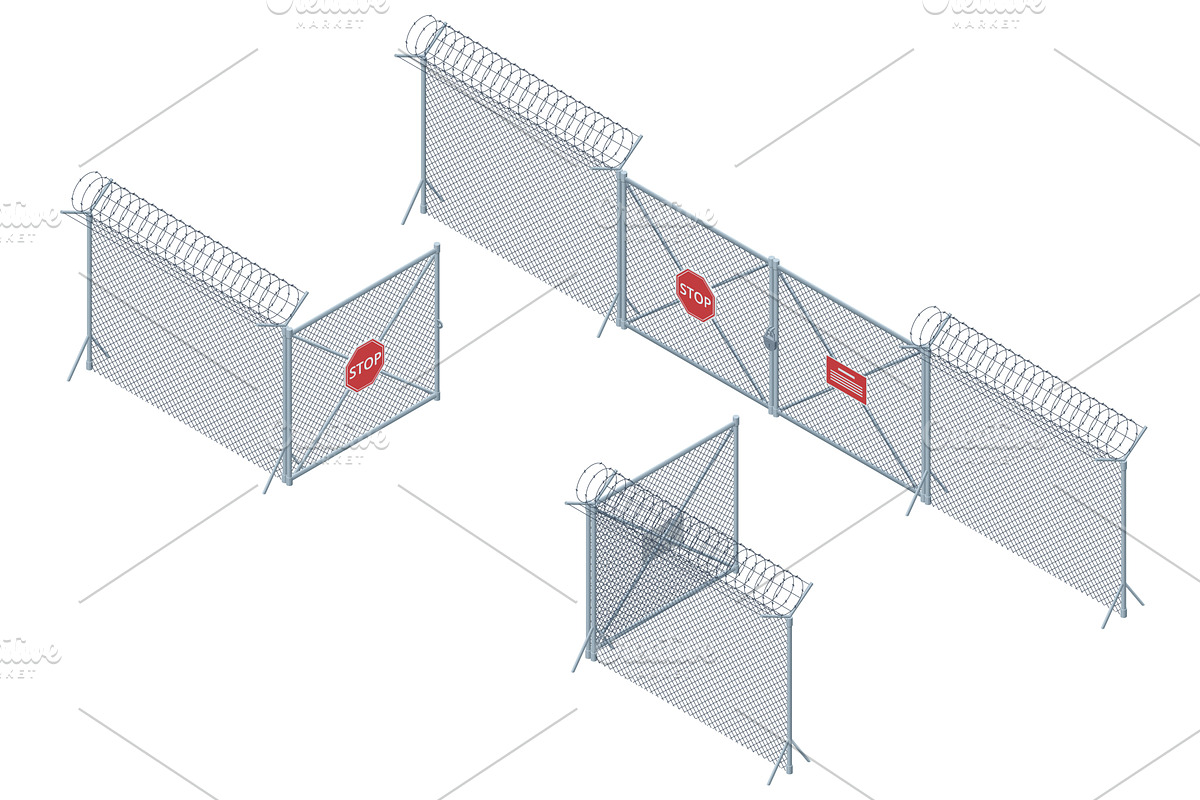Isometric wire fence with barbed, an Illustration by Golden Sikorka