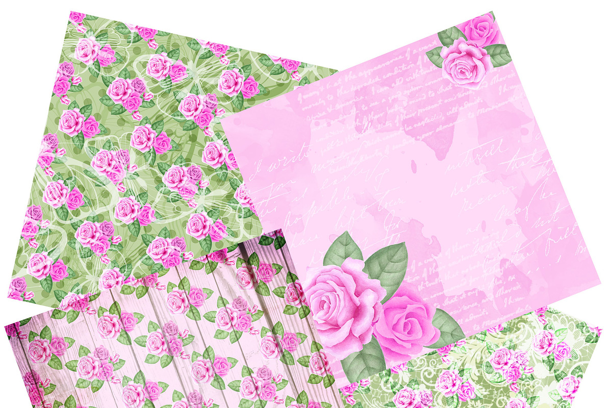 Pink roses paper pack, a Pattern Graphic by DarinaDigital