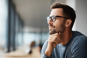 Thoughtful young man in glasses sit, a Business Photo by MistyDay