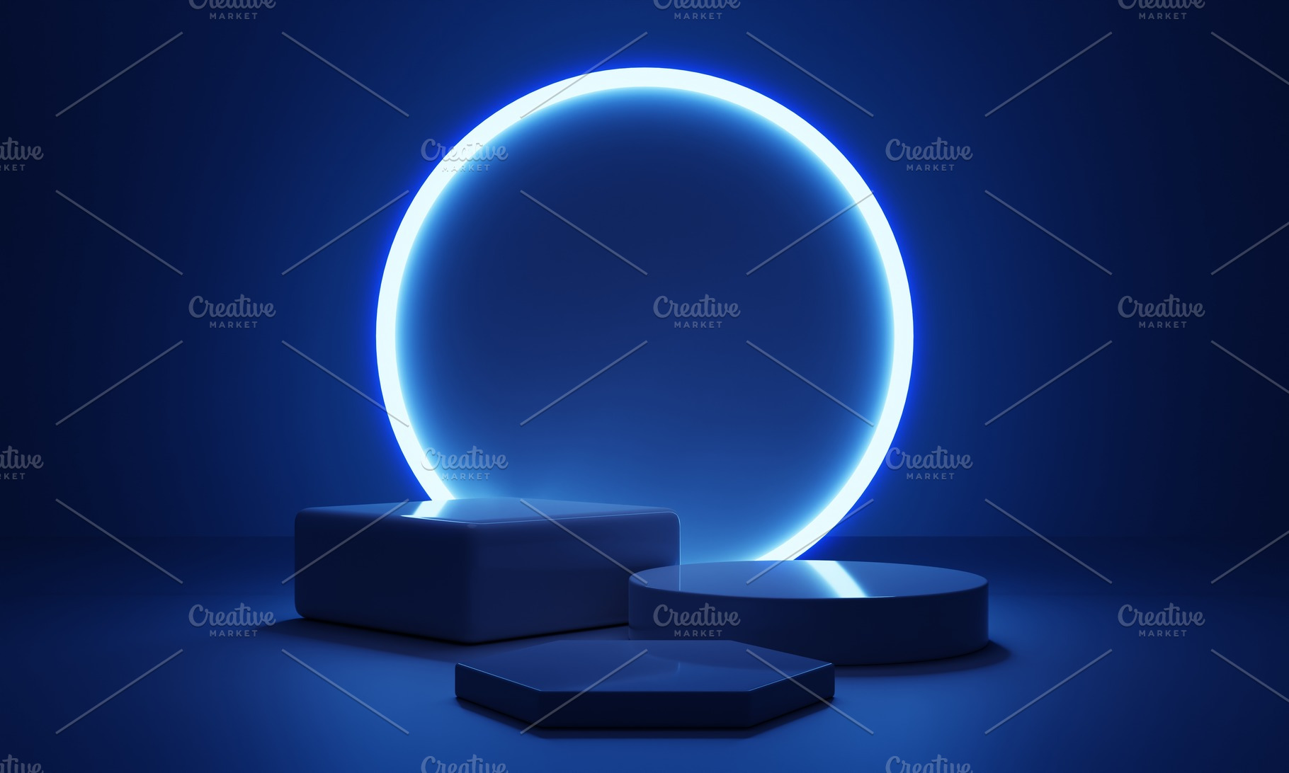Cyberpunk blue empty podium with glowing lamp frame in the dark for product pre, an Arts & Entertainment Photo by Ministocker
