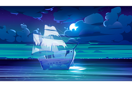 Dark night sea and moon in cloud sky, an Illustration by art PVP - market