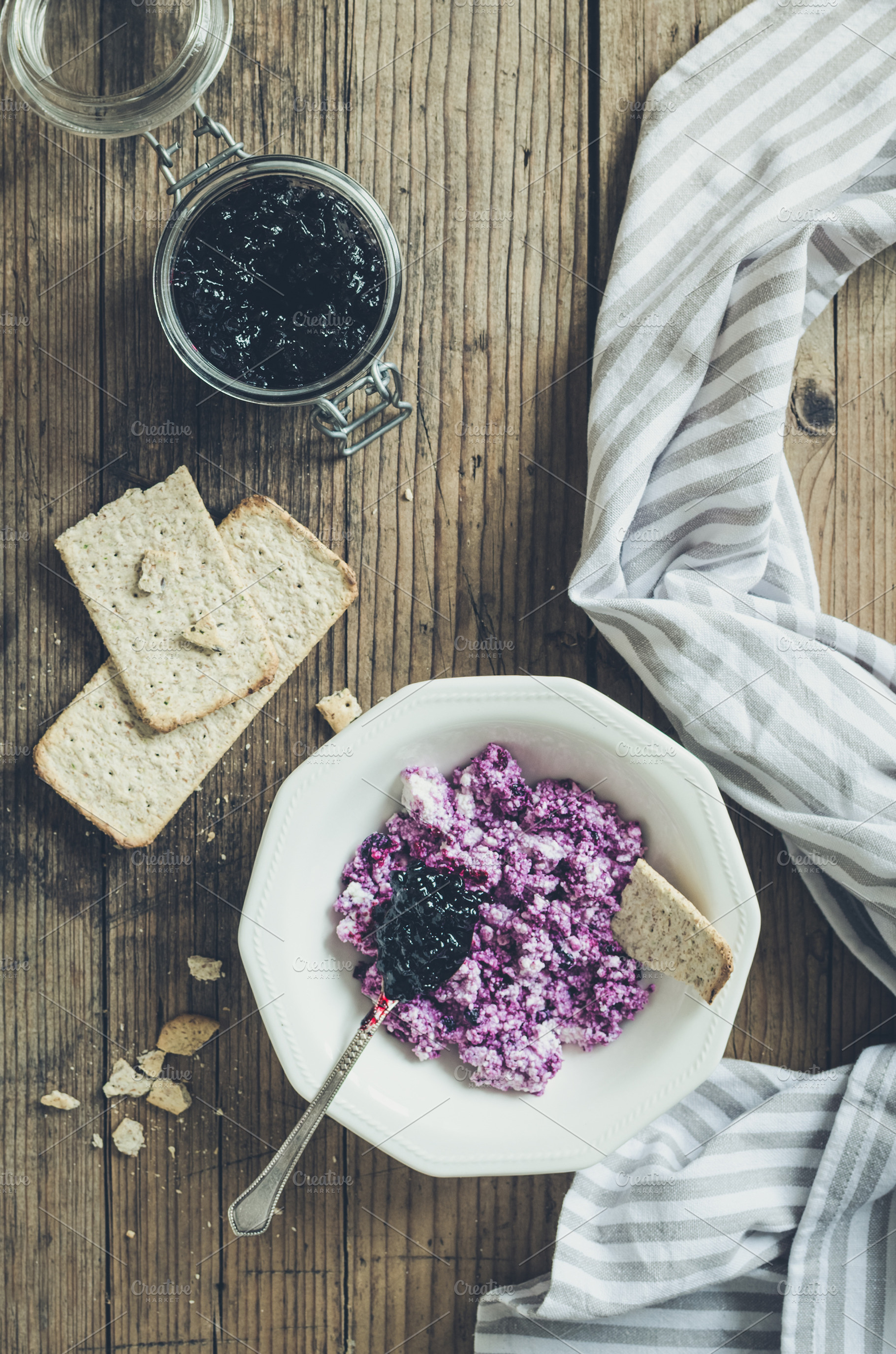 Healthy breakfast on the table featuring cheese, cottage, and breakfast, a Food & Drink Photo by NelliKovalchuk