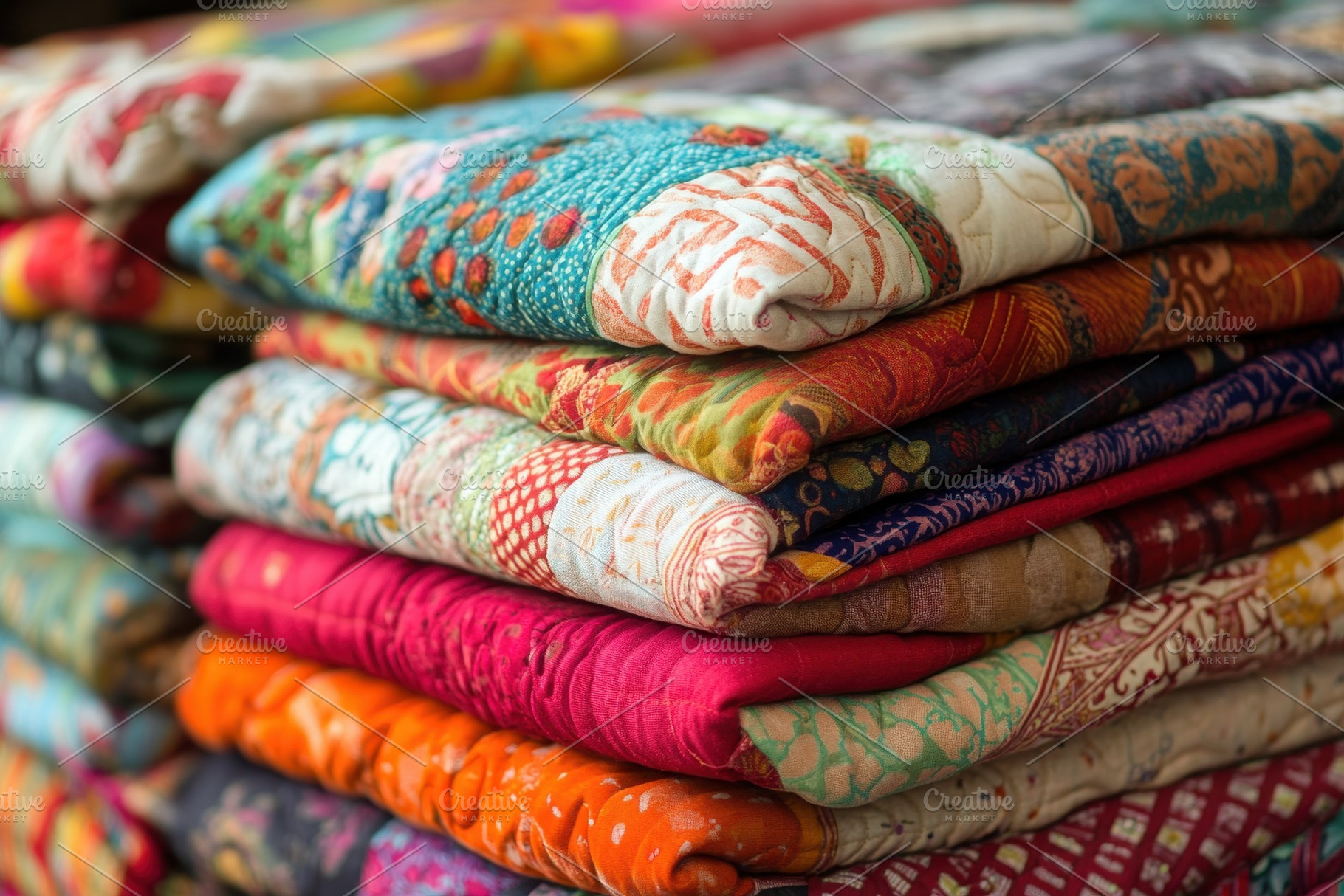 Colorful folded quilts with intricat, a Photo by Iftikhar Alam