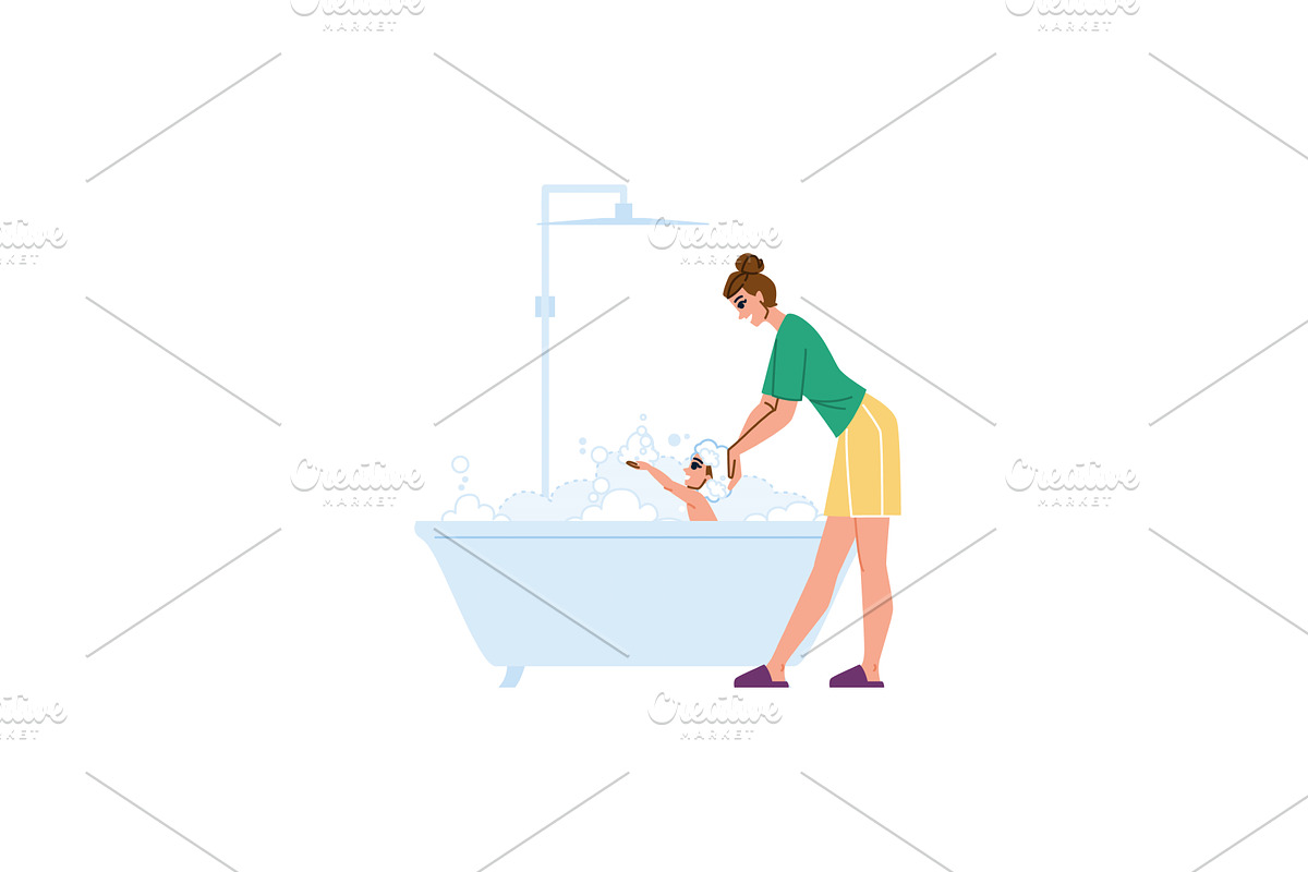 Mother washing her son's hair in, an Illustration by pikepicture
