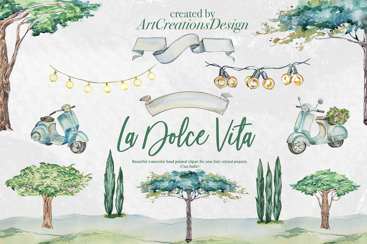 Watercolor La Dolce Vita Clipart, an Education Illustration by ArtCreationsDesign (Photo 7 of 12)