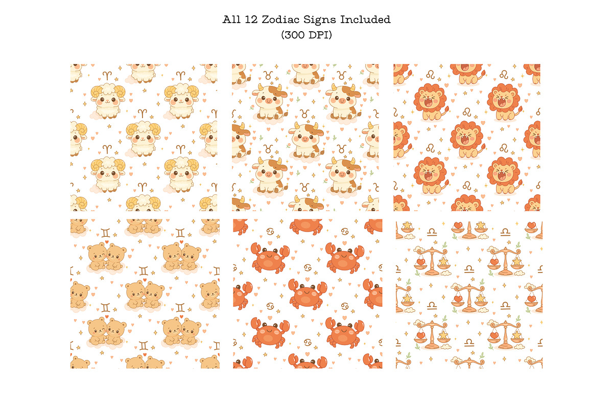 Cute Zodiac Seamless Patterns  12, an Illustration by Bielousova Art (Photo 2 of 8)
