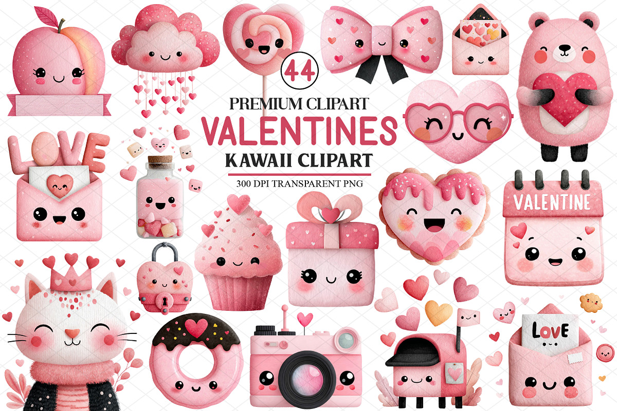 Kawaii Valentines Clipart, an Illustration by cherrydesign (Photo 1 of 4)