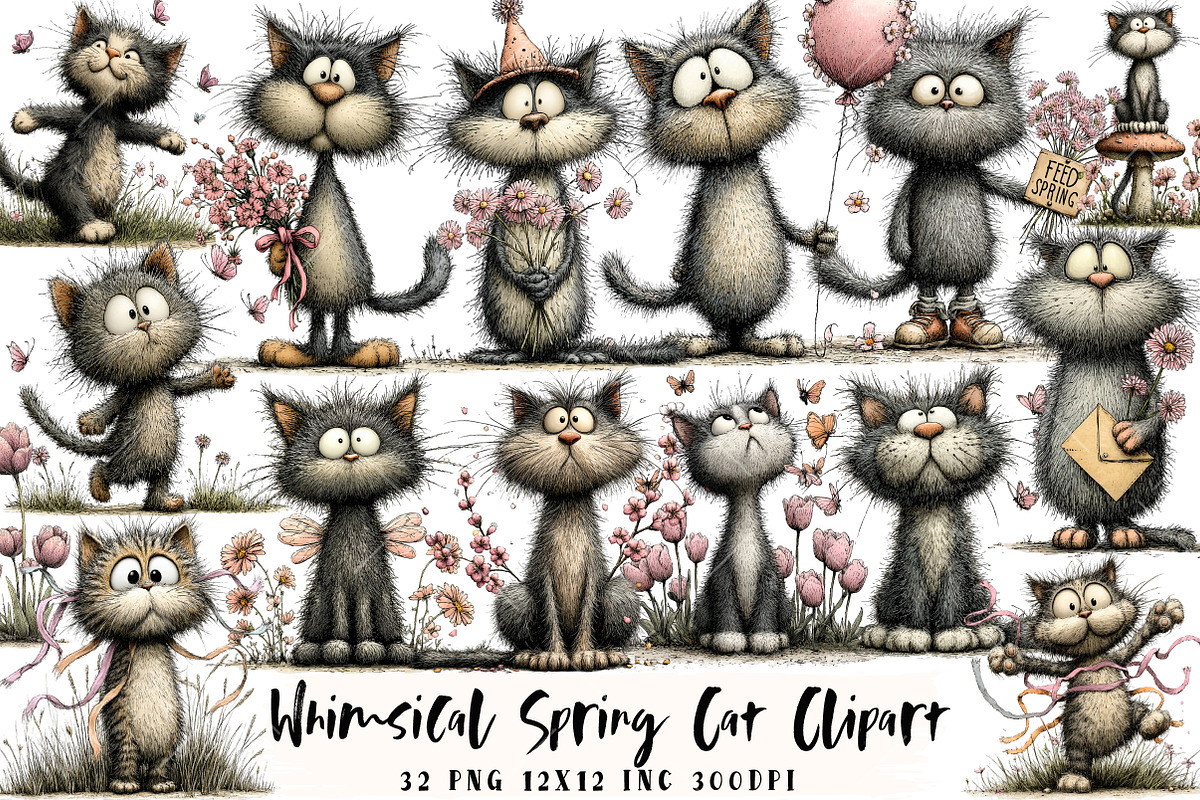 Whimsical Spring Cat Clipart, an Illustration by OK Design (Photo 1 of 6)