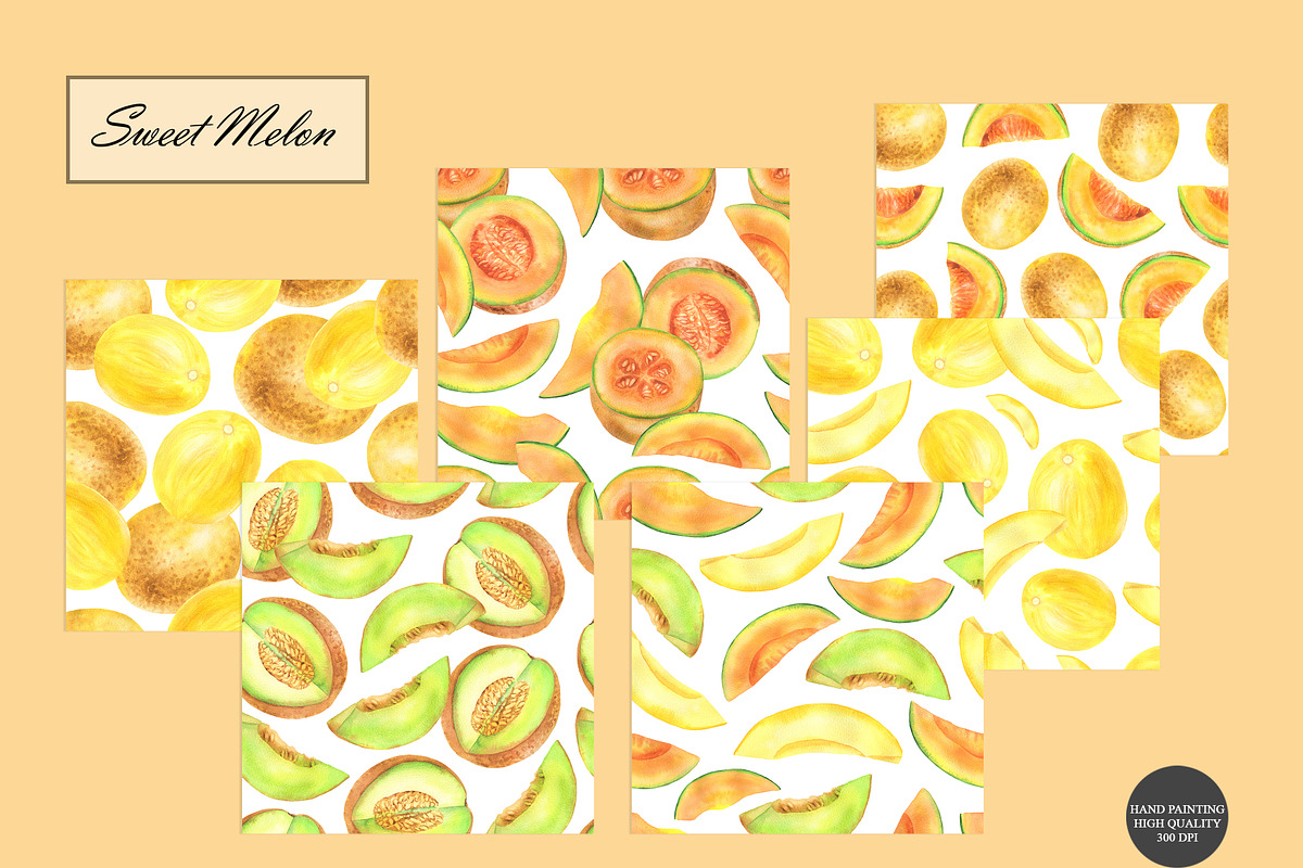 Watercolor Melon Seamless Patterns, a Food Illustration by OlDm_Shop (Photo 8 of 10)