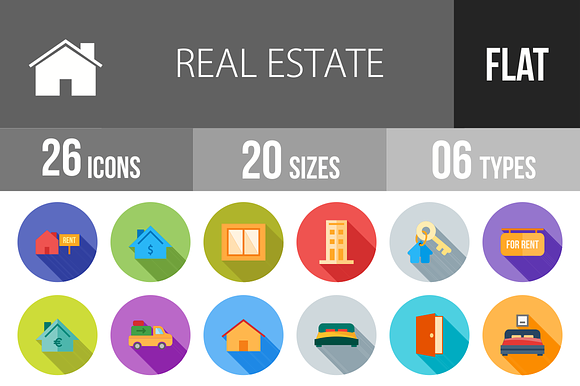 26 Real Estate Flat Shadowed Icons