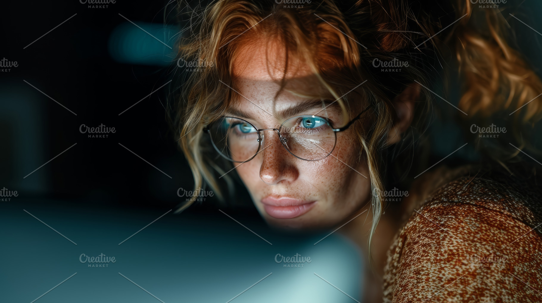 Focused woman wearing glasses analyzing data with a computer screen glowing, a Person Photo by AS photostudio