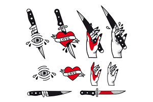 Vector Traditional Tattoo Style Set - Hearts, Knife, Eye, Hand, Ribbons. Vintage Ink Old School Tattooing