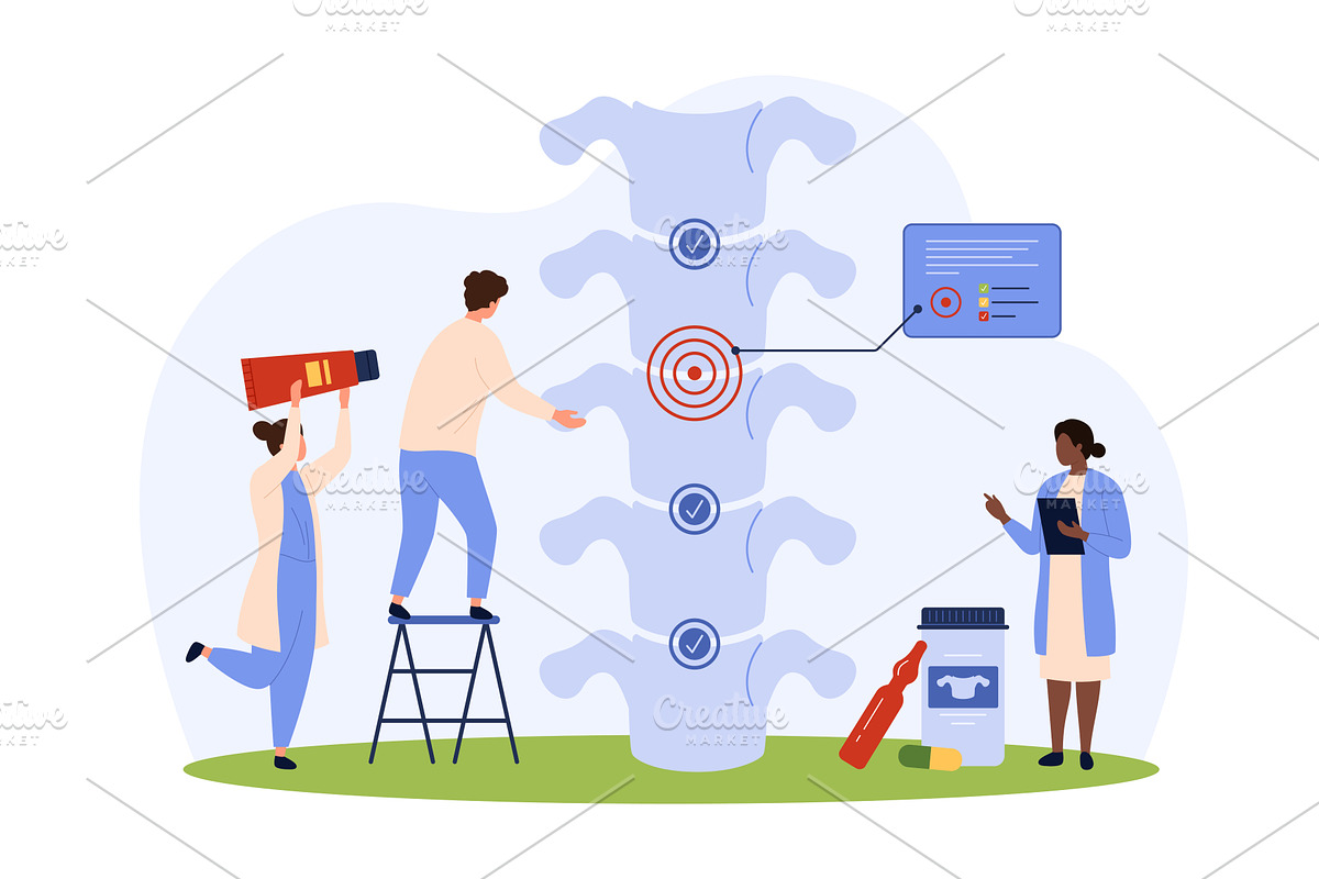 Diagnosis and treatment of back pain, an Object Illustration by Flashvector