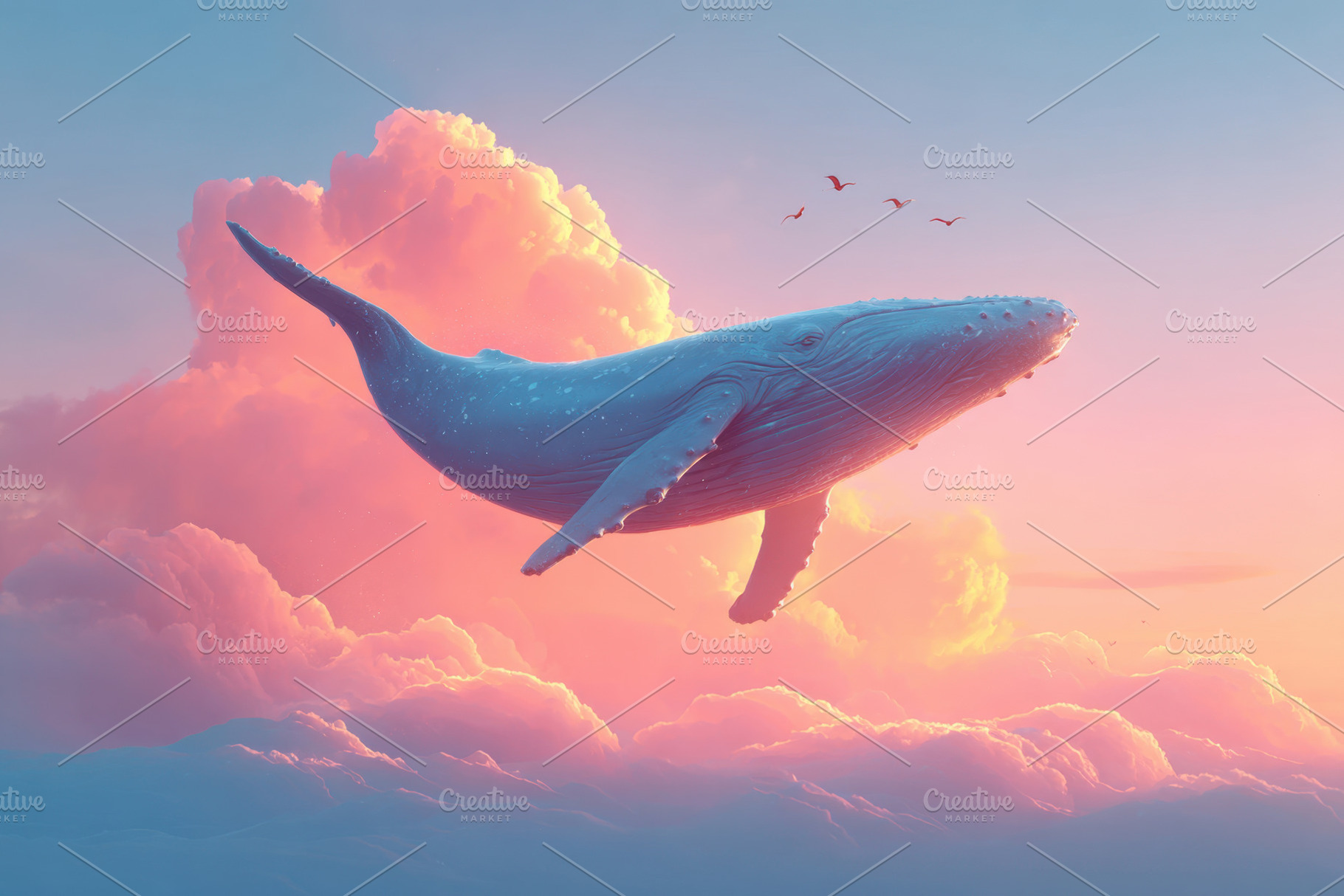 Whale soaring through colorful clouds at sunset, an Animal Photo by AlyaAnd