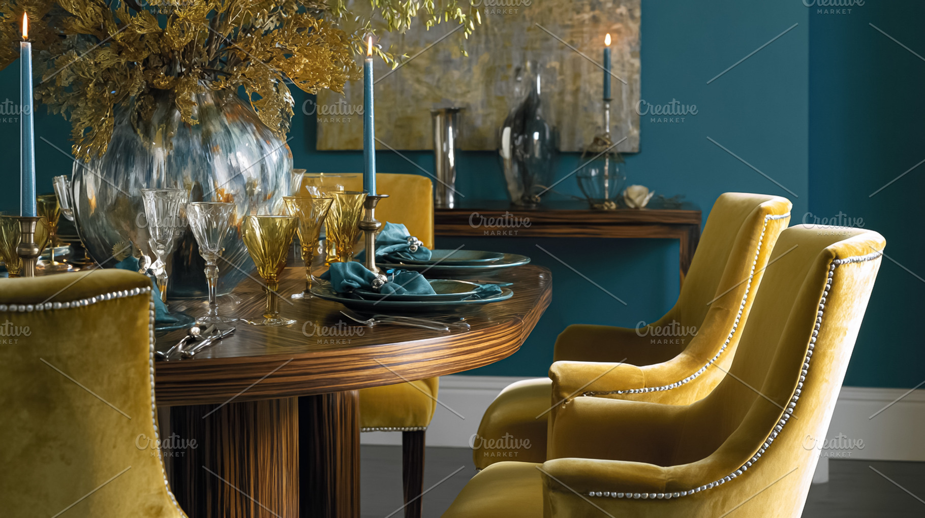 Elegant dining room setting featuring a wooden table, velvet cha, a Photo by Studio ANNA