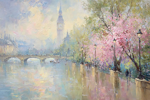 London spring landscape with Houses of Parliament, clock tower,, an Illustration by Studio ANNA