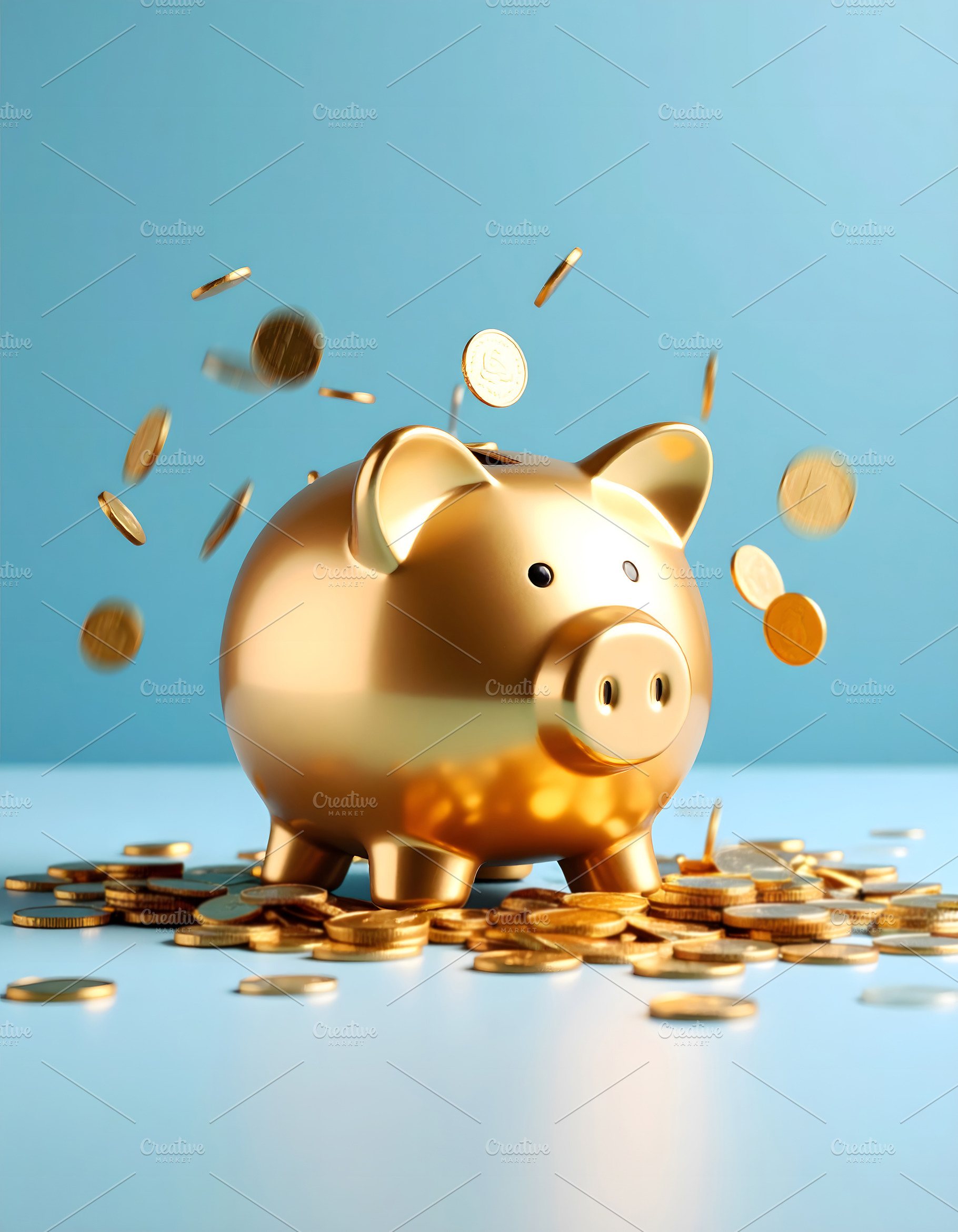 Golden coins floating around a shiny pink piggy bank, a Business Photo by GoodGoods