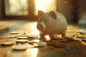 Piggy bank with coins with sunshine, a Photo by AlyaAnd