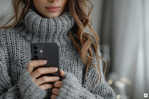 Young Caucasian woman in a cozy sweater holds a smartphone, embodying comfort a, a Person Photo by ImageMir