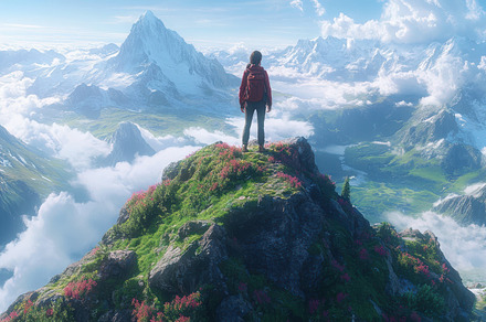 Mountain Peak Vista: A lone traveler, a Background Photo by Pixeness