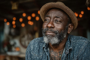 Thoughtful senior man with gray beard and straw hat portrait in a rustic worksh, a Photo by AS photostudio