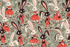 Whimsical seamless pattern of black and white rabbits in red vin