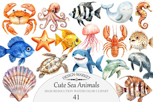 Cute Sea Animals Clipart, an Illustration by Design Market
