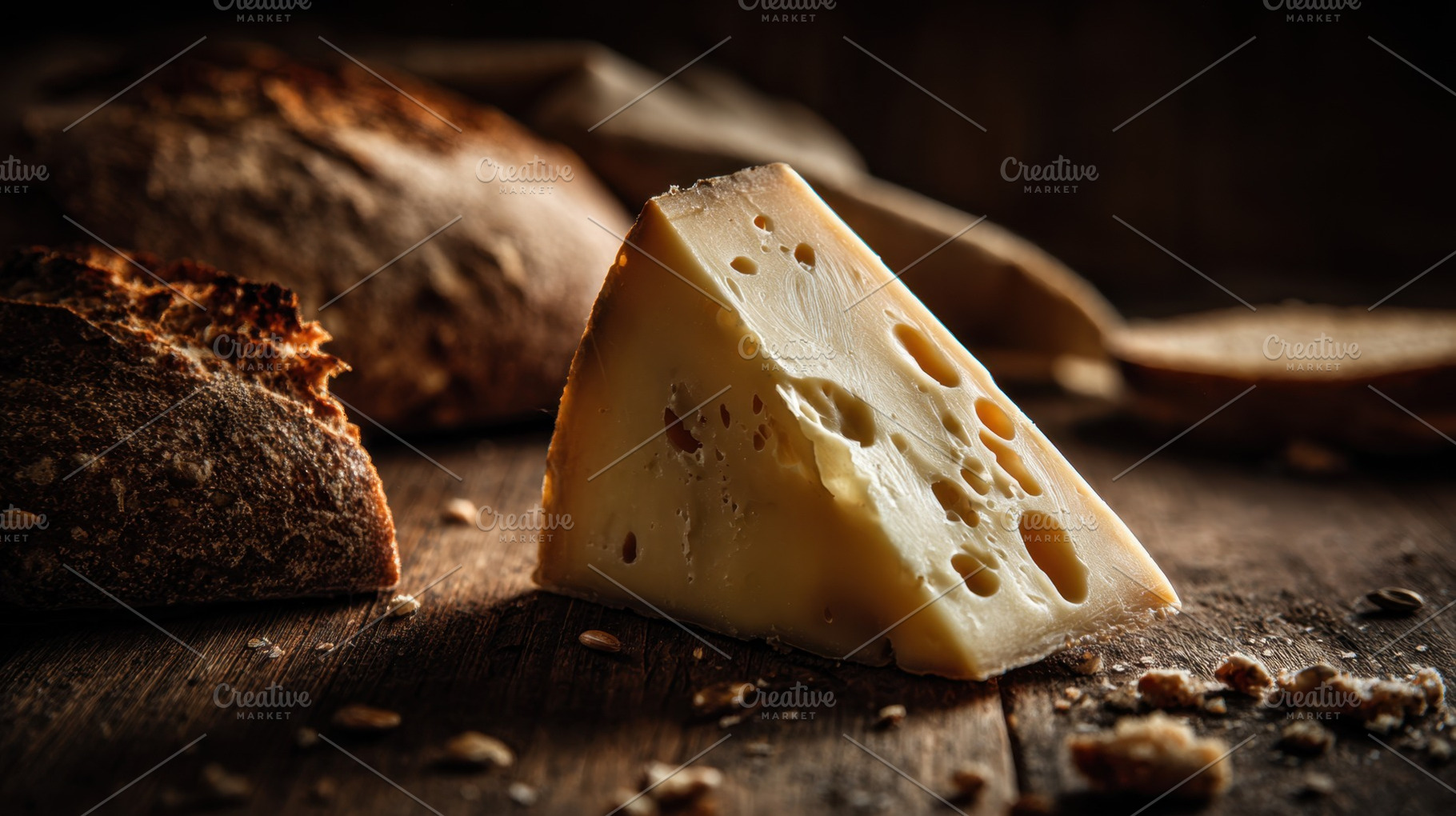 Cheese and bread on a wooden table, a Photo by Beautiful things