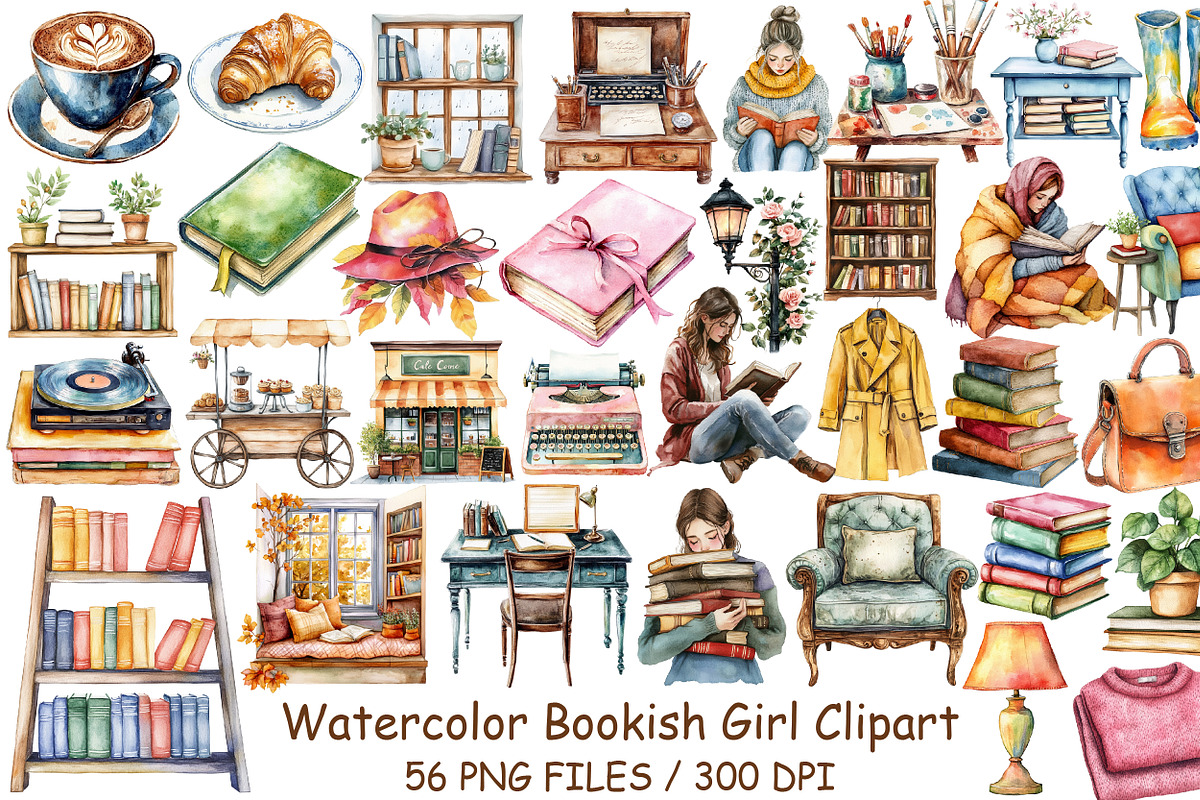 Watercolor Bookish Girl Clipart, an Illustration by Design Market (Photo 1 of 4)
