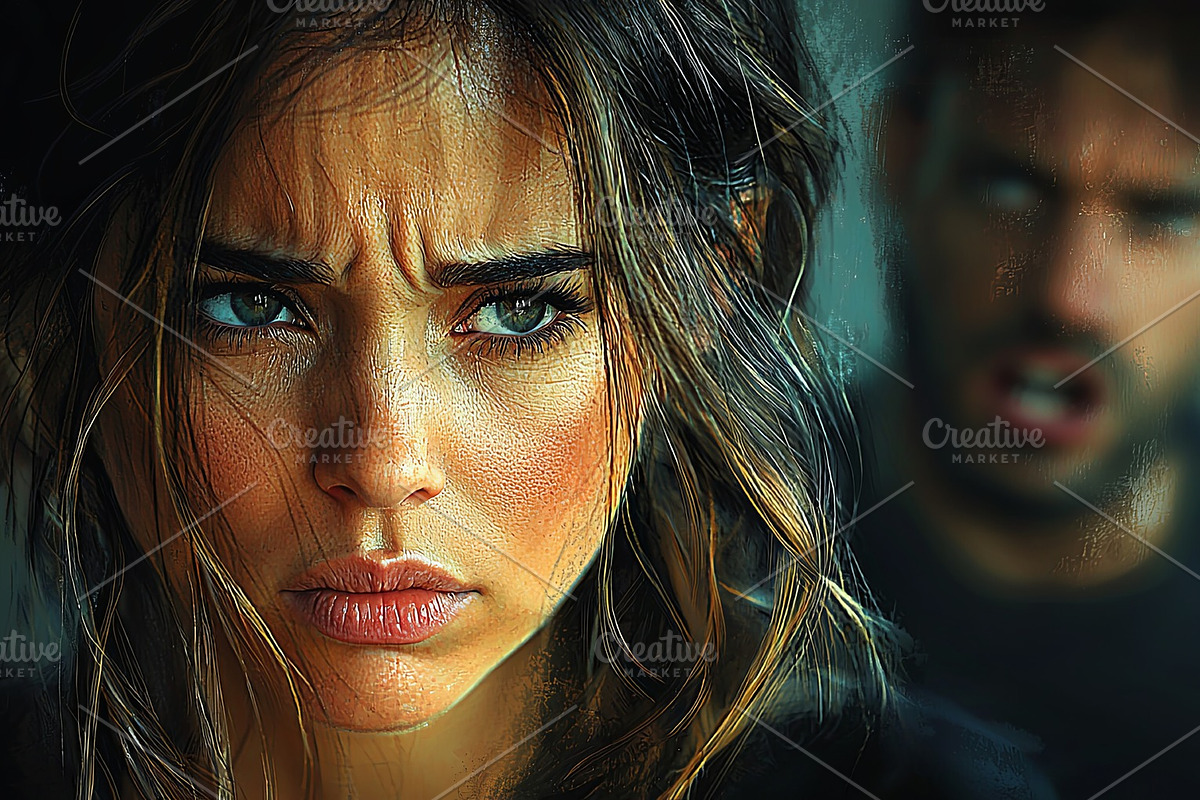 Portrait of a distressed woman facing emotional conflict at home, an Illustration by AS photostudio