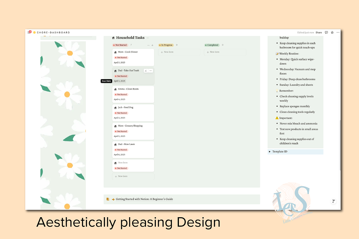 Notion Cleaning Chore Dashboard, an App Template by Little Creative Scribbles (Photo 4 of 7)