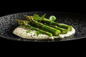 Green asparagus with creamy sauce, a Photo by Pavel_design