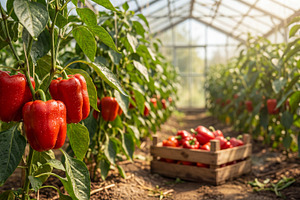 Bell peppers growing on plantation, a Food & Drink Photo by Volff
