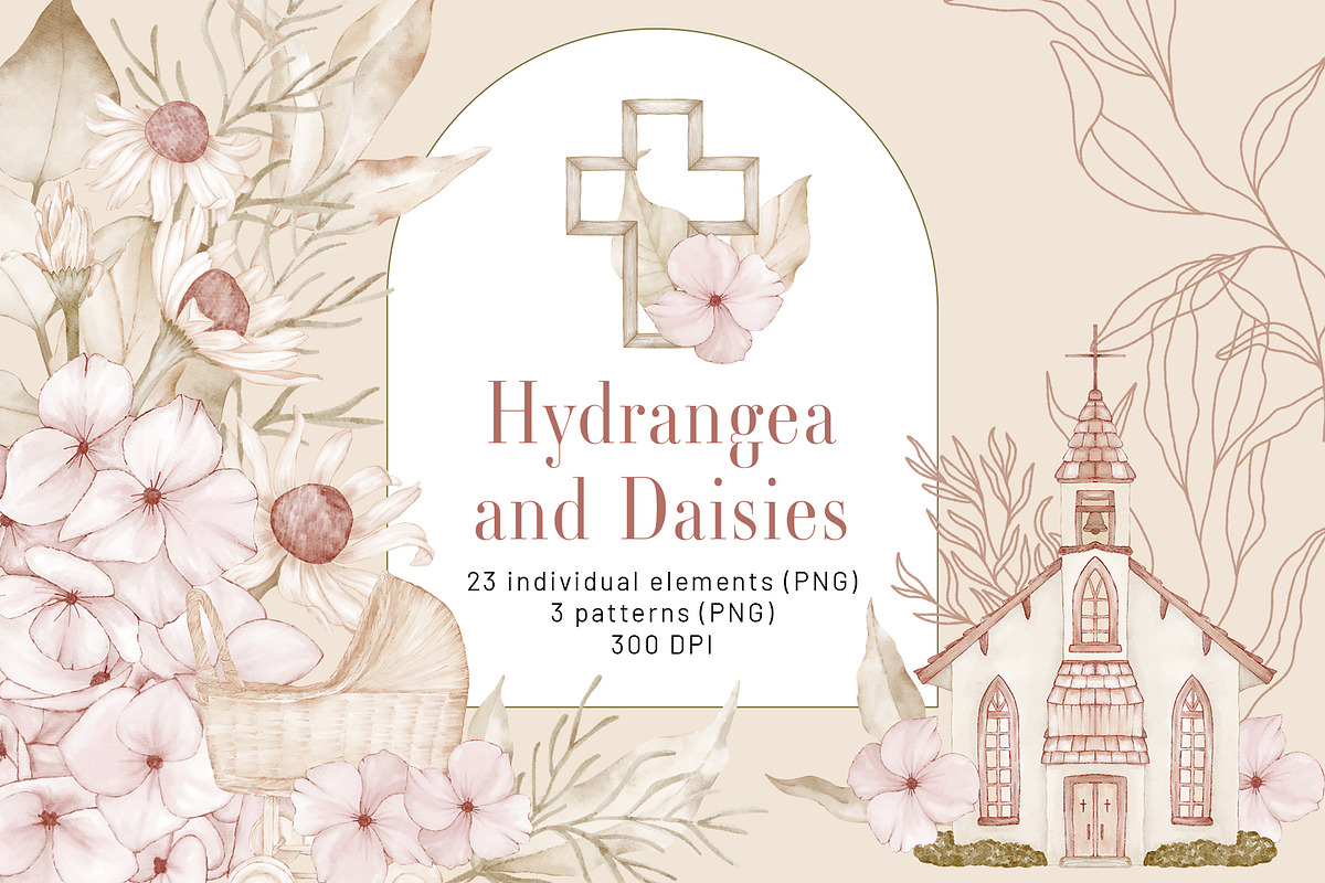 Hydrangea Daisy Flowers Pattern, an Illustration by PawGraphic (Photo 1 of 10)