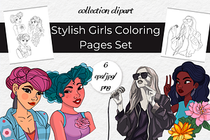 Stylish Girls Coloring Pages Set, a Decorative Illustration by InkyQueenArt