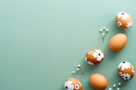 Elegant Easter flat lay composition. Painted Easter eggs and gypsophila on gree, a Holiday Photo by photoguns