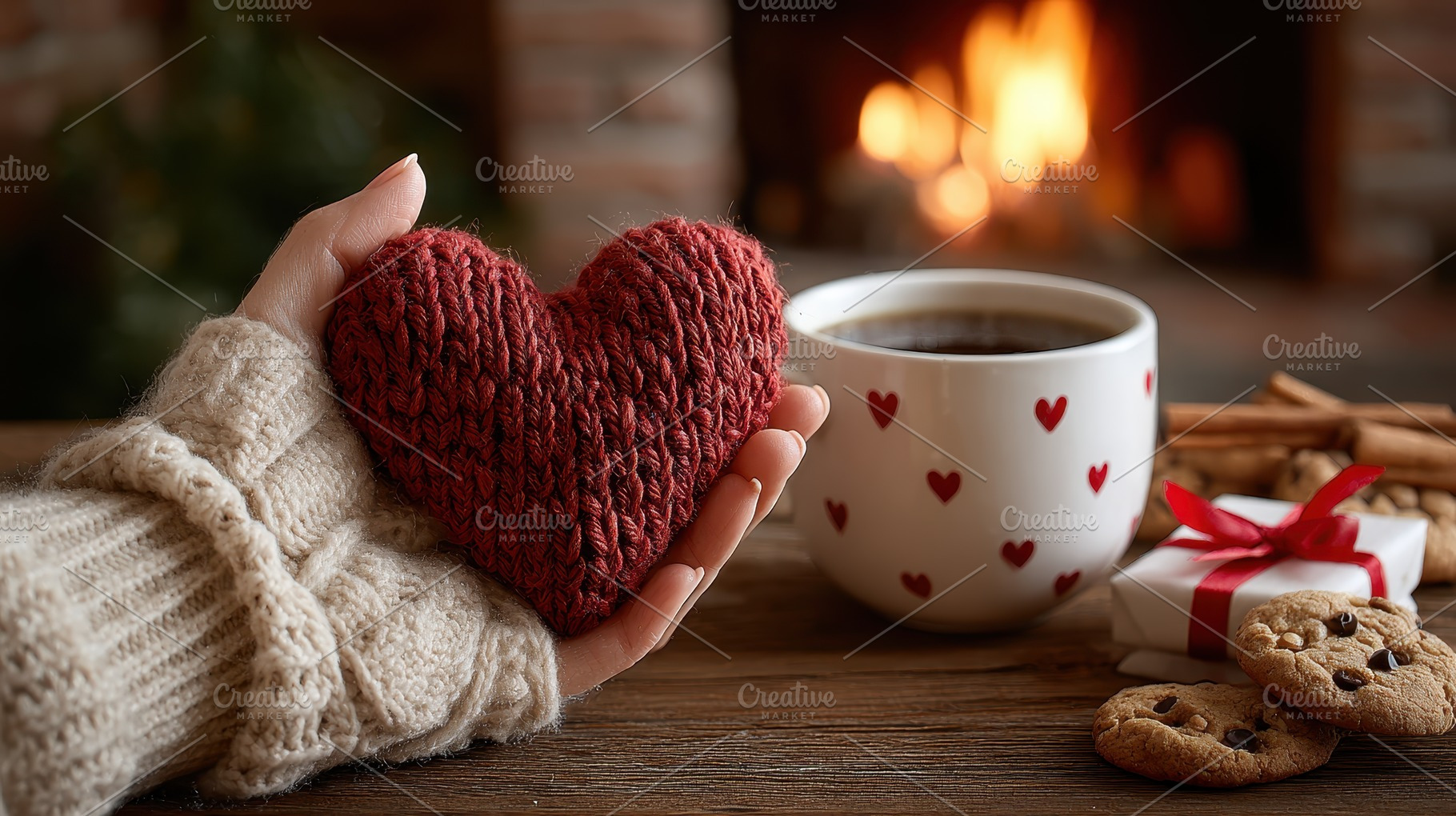 Cozy winter scene knitted heart warm, a Photo by Pixeness Studio