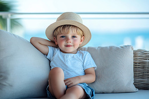 Boy relaxes on soft outdoor couch wearing a straw hat by the seaside, a Person Photo by AlyaAnd