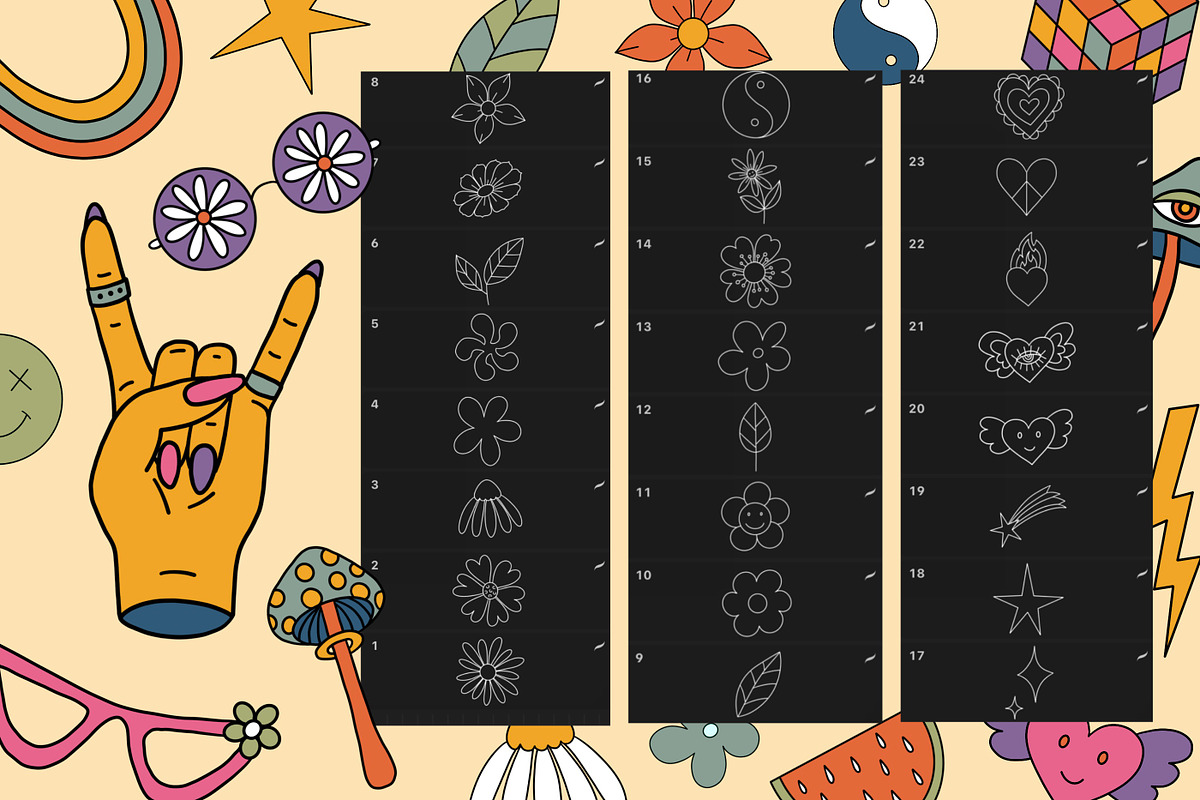 56 Groovy retro Procreate stamps, a Brush Add-On by Veronika Gotovceva (Photo 2 of 4)