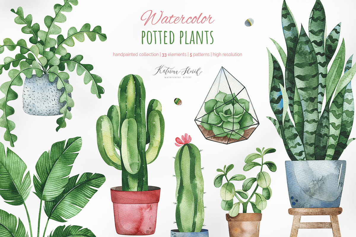 Watercolor Potted Plants, an Object Graphic by Kate_Rina (Photo 1 of 4)