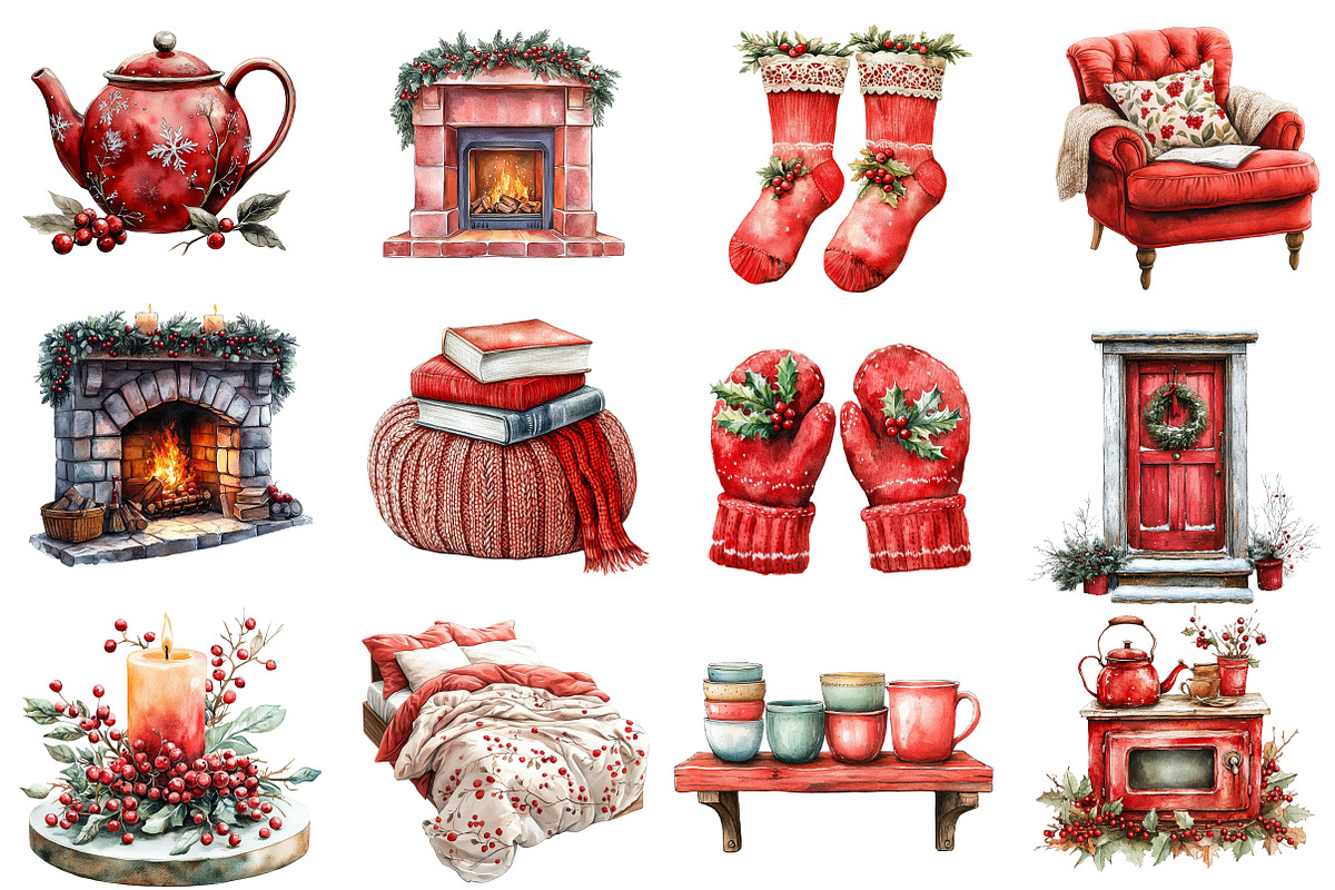 Watercolor Cozy Berry Winter Cottage, an Illustration by Designworld (Photo 4 of 6)