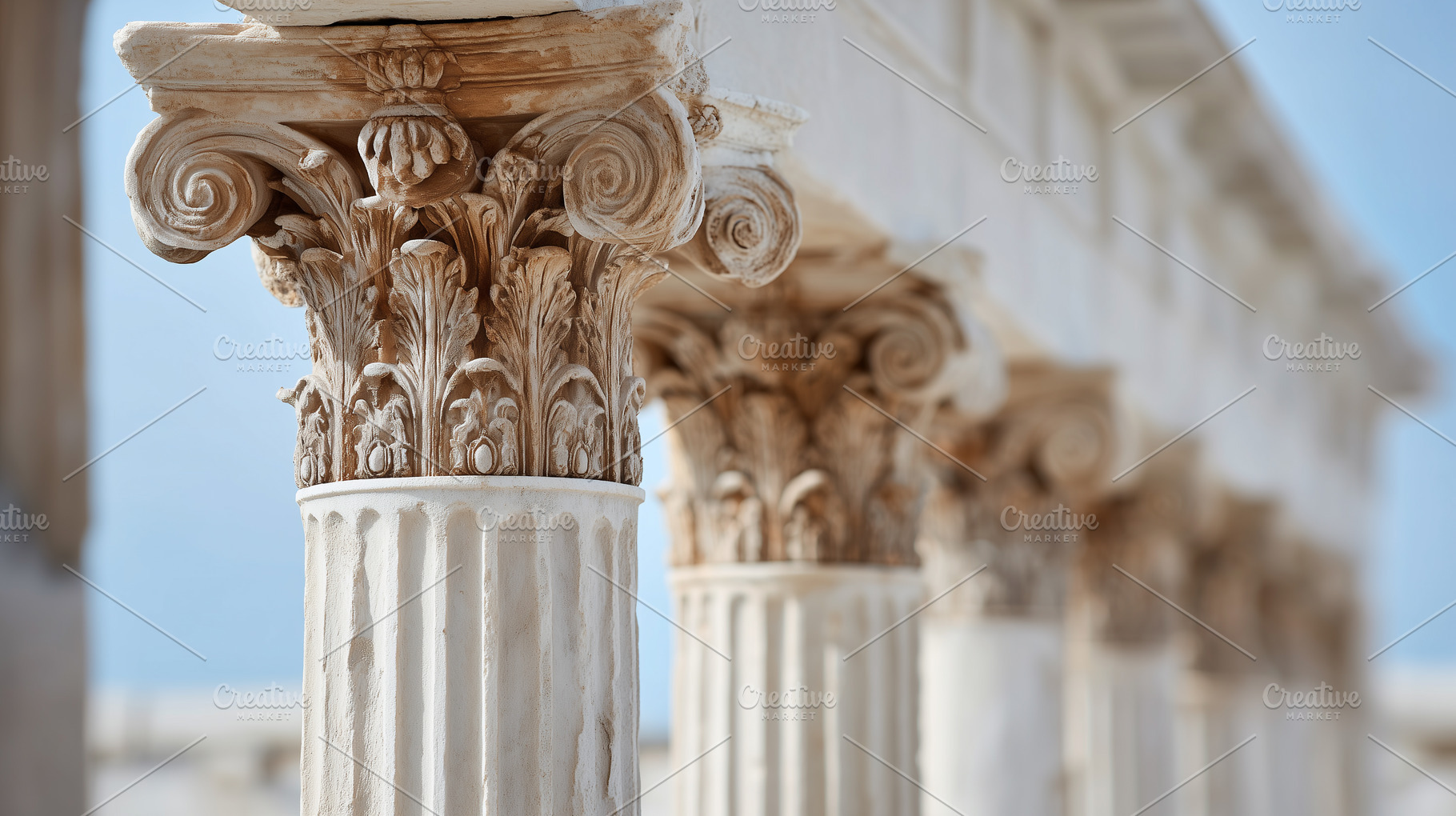 Close up of ornate Greek columns, an Architecture Photo by MistyDay
