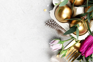 Elegant Easter Border with Golden Eggs and Pink Tulips, a Holiday Photo by Natalia Klenova's Shop