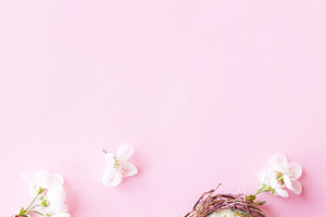 Happy Easter! Easter eggs in nest with cherry blossom flat lay o, a Holiday Photo by Sonjachni