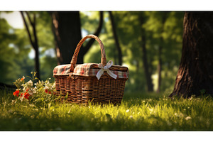 outdoors picnic basket ai generated, a Nature Photo by pikepicture
