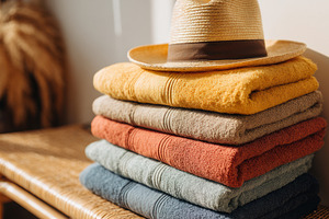 Stack of colorful beach towels, a Beauty & Fashion Photo by Virgo Studio