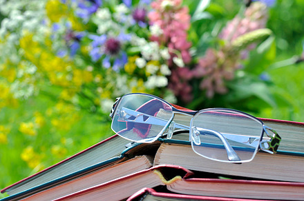 Reading glasses with open books, a School & Education Photo by nsfoto