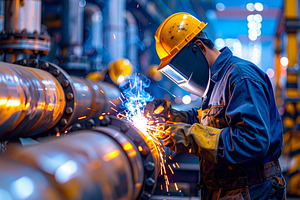 Workers weld thick boiler pipes inside a busy mechanical room, an Industrial Photo by DanFLCreativo
