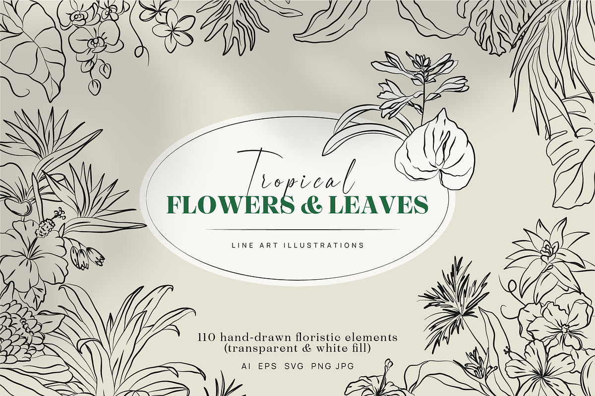 Line Art Tropical Flowers & Leaves, a Decorative Illustration by La Petite Line Art (Photo 1 of 12)